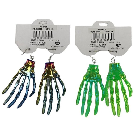 2 New Pair Skull N Bones Boney Fingers Dangle Earrings Hand Iridescent Halloween - Picture 2 of 6
